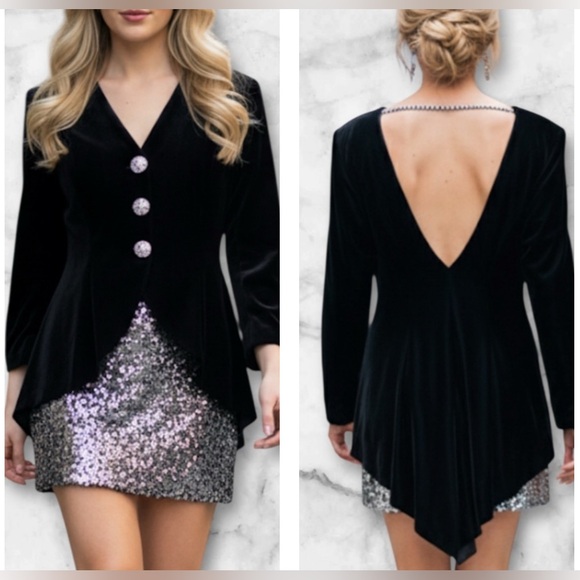 Aphrodite Jackets & Blazers - Aphrodite Vintage Black Velvet Jacket Tails Open Back Rhinestones Party Size S